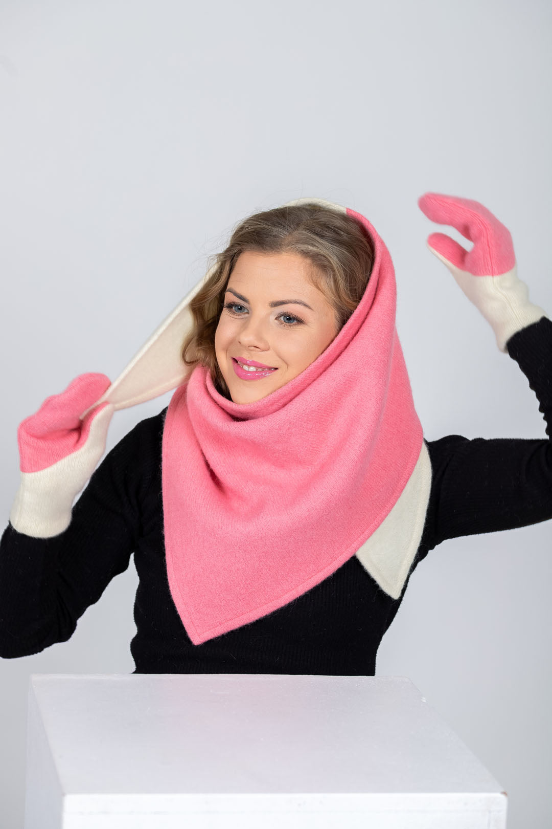 Versatile Handmade Wool Triangle Shawl - Pink, White