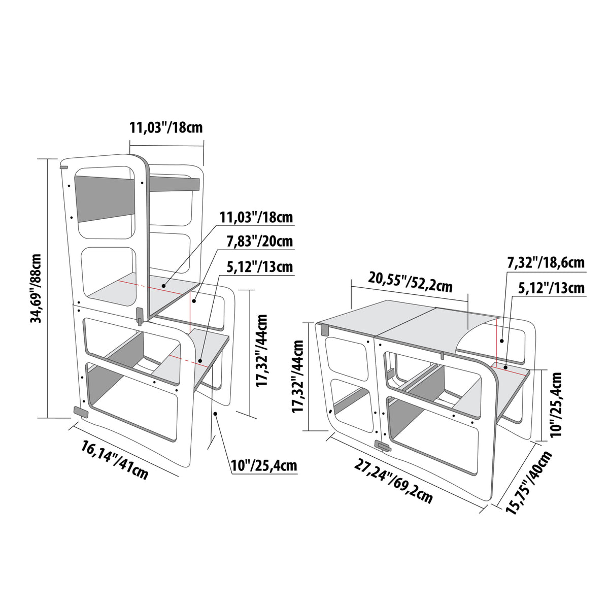 Montessori House Bed 2-in-1 köögitorn, laud ja tool