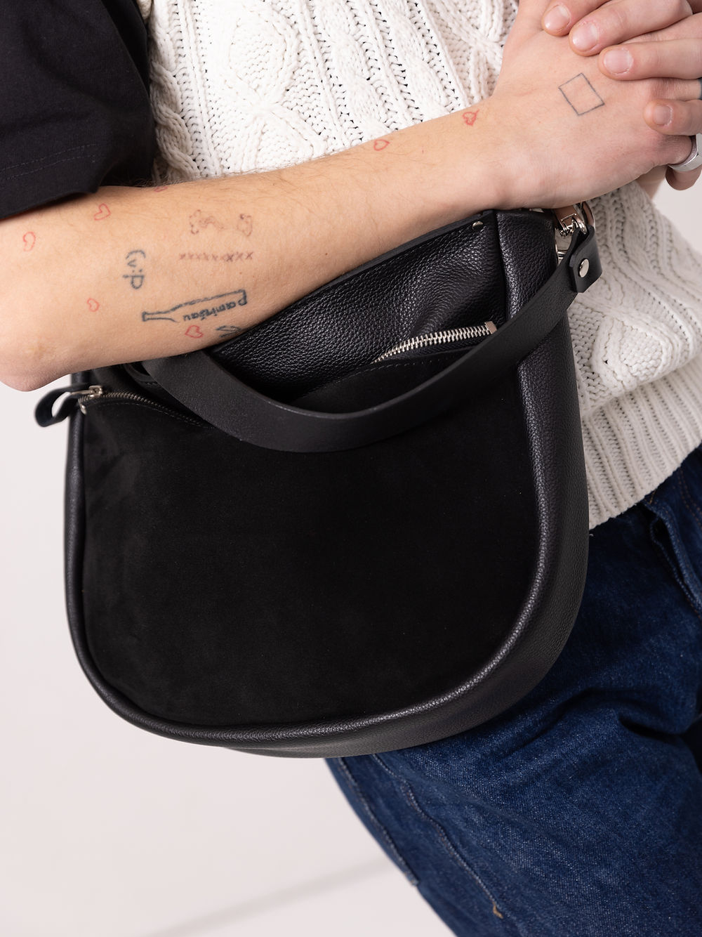 STELLA Leather Handbag - Black & Suede