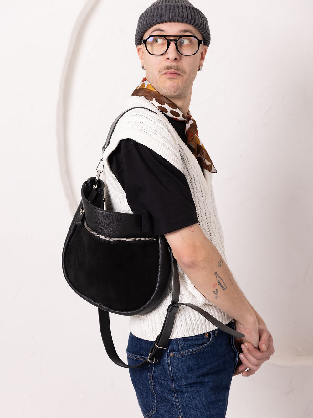 STELLA Leather Handbag - Black & Suede