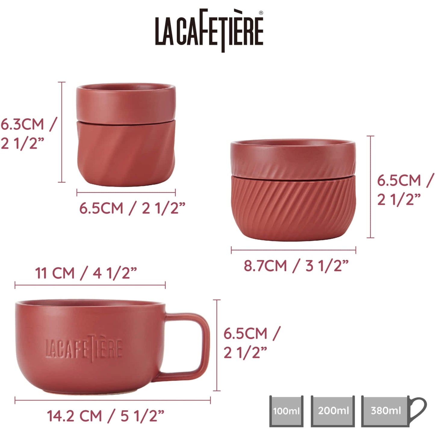 La Cafetière Punaiset kahvikupit, 3 kpl / kolmessa koossa