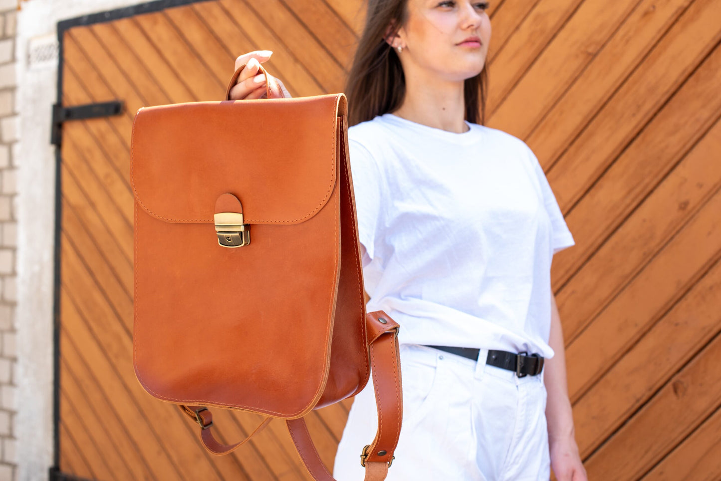 Natural Leather Saddle Backpack - Light Brown