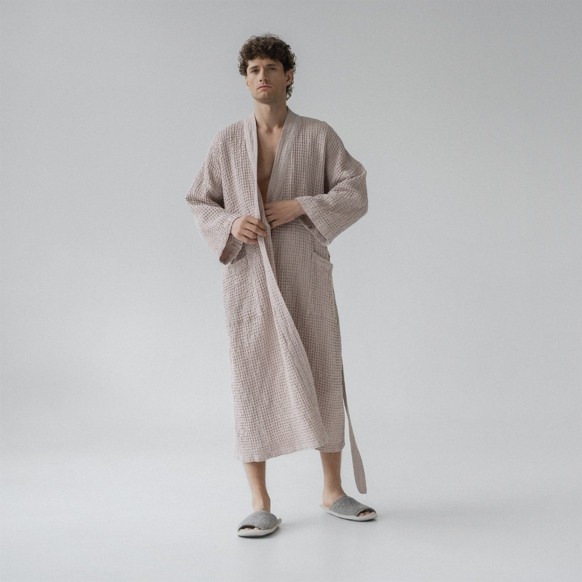 Linen Tales lina ja puuvilla segust hommikumantel "Honeycomb Waffle" - Puuderroosa