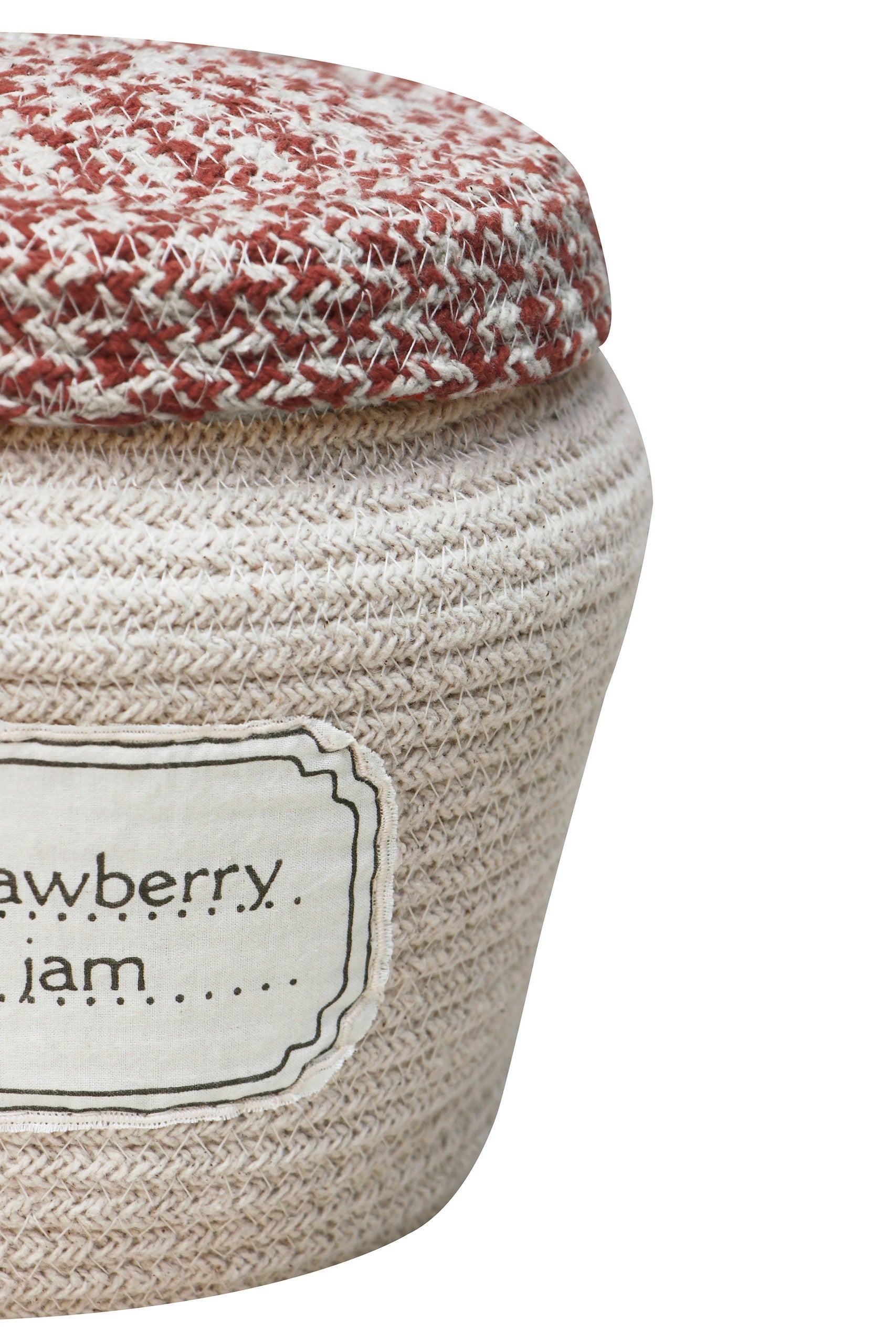 Terrakota Vichy mustriga kaas ja "Strawberry Jam" silt


