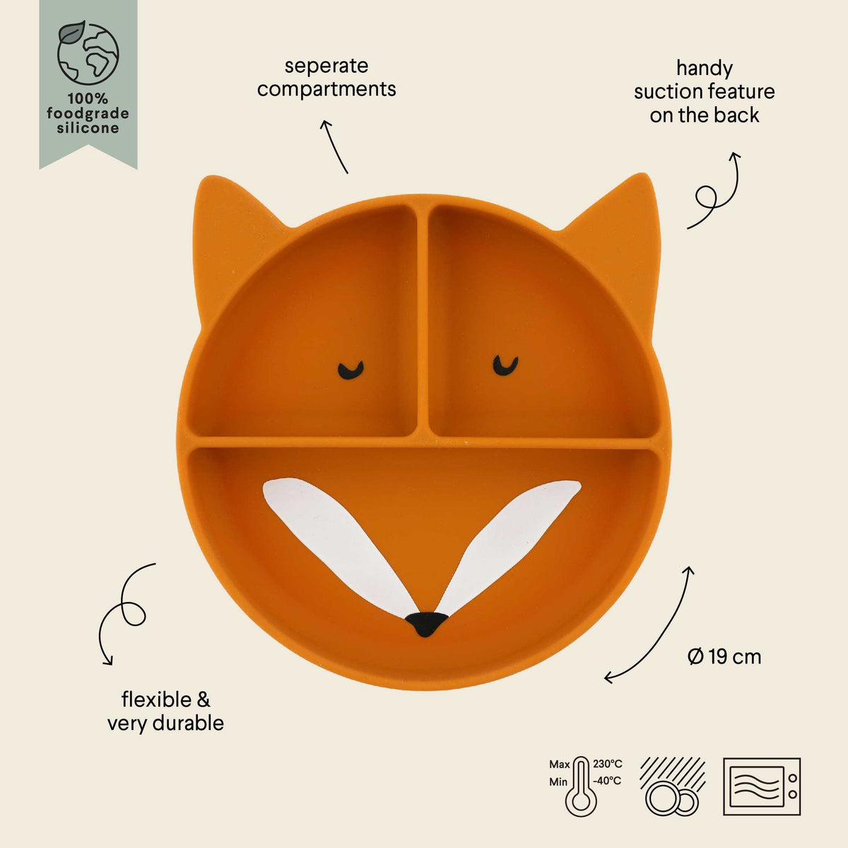 Trixie Baby silikoonist iminapaga jaotistega laste taldrik - Mr. Fox