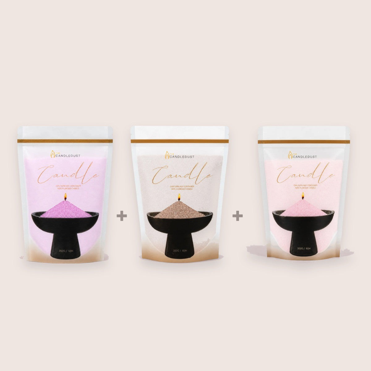 Candledust lõhnatu küünlaliiva täitekomplekt "Soft Pastels" - Lilla, Nude, Beebiroosa, 3 × 350 g