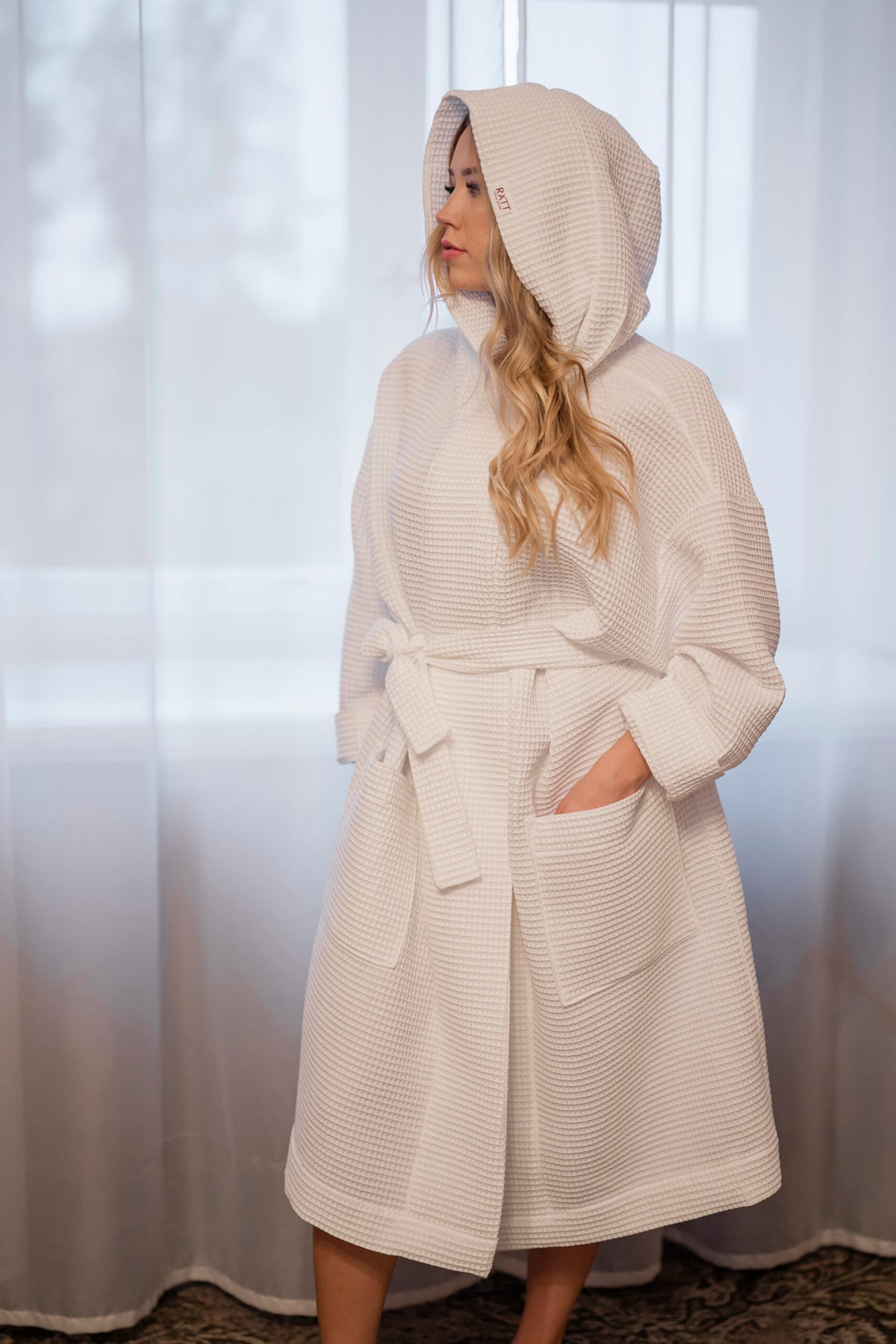 RÄTT unisex vahvelkangast kapuutsiga hommikumantel - Valge